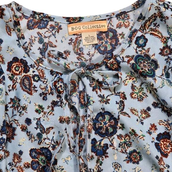 Blue Floral Boho Dress Sz Large BOG Collective Blue Mini Casual Cottage Romantic - Picture 3 of 9